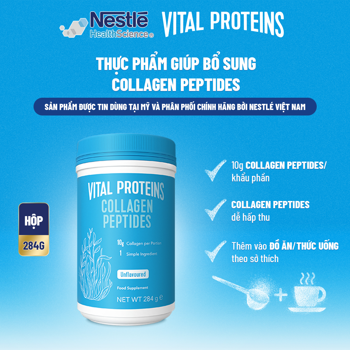 [Tặng Bình nước Premium] 1 Lon Bột Uống Collagen Cao Cấp Hoa Kỳ Vital Proteins 284G