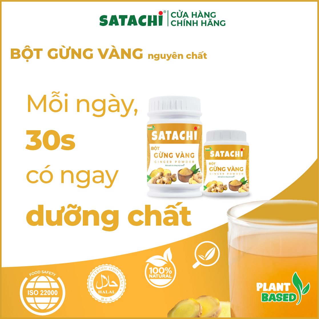 Bột Gừng Vàng SATACHI nguyên chất. Hỗ trợ điều trị khó tiêu mãn tính, giảm đau cơ bắp, giảm viêm, giảm cân. Hộp 98g và 318g