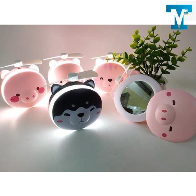 QUẠT TÍCH ĐIÊN MINI 3IN1 hình con heo | Quạt cầm tay đèn led gương