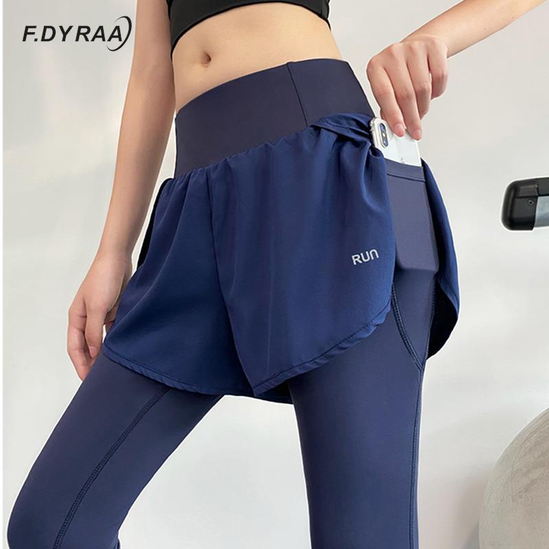 F.Dyraa Leggings quần legging Yoga Quần áo thể thao Phụ nữ giả hai mảnh với túi chạy túi cao kéo dài vòng eo Color: Black Size: M