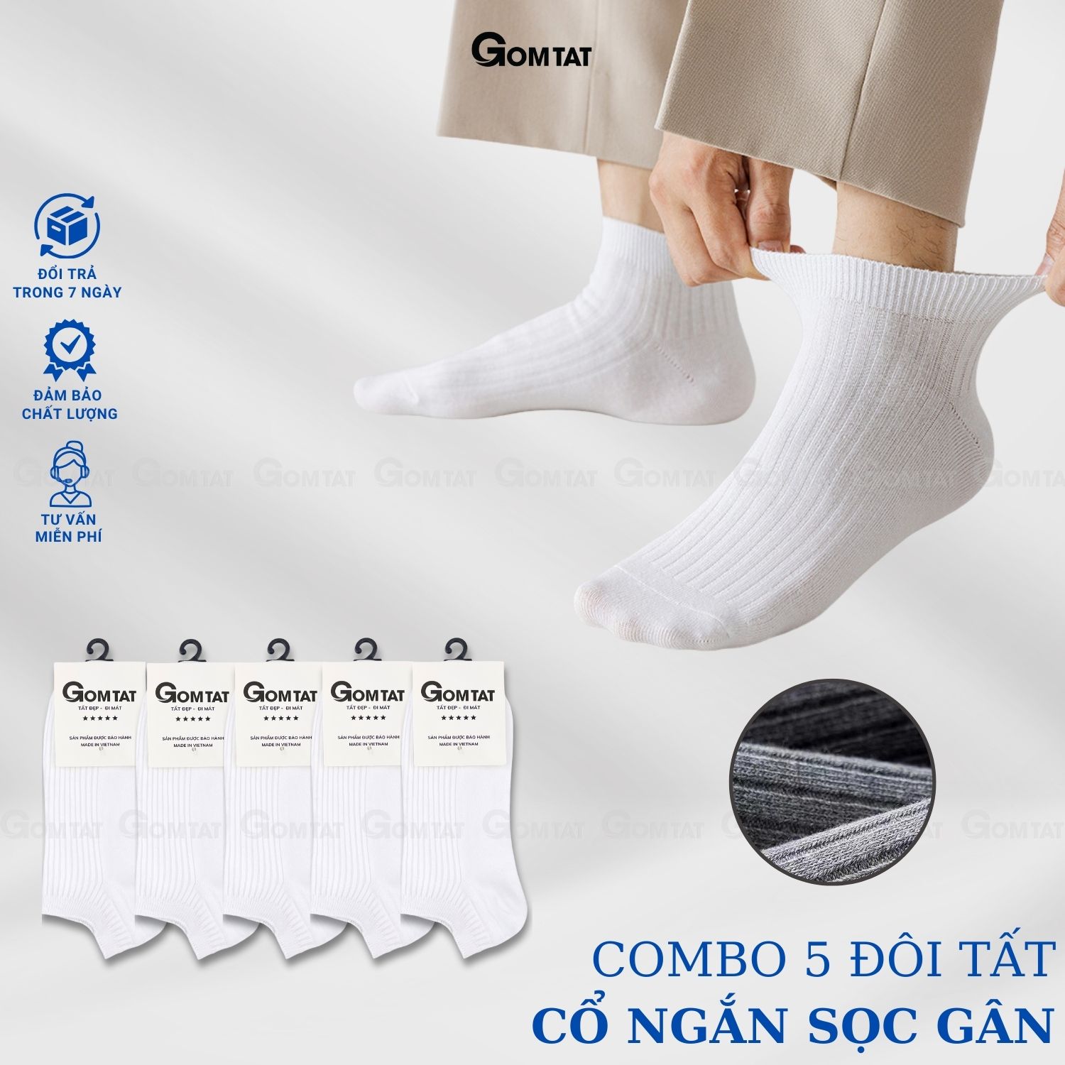 Combo 5 đôi tất nam cổ ngắn gân chìm, vớ nam ngắn cổ chất liệu cotton hút ẩm thoáng khí -FIVE-TAY10-NGAN-CB5