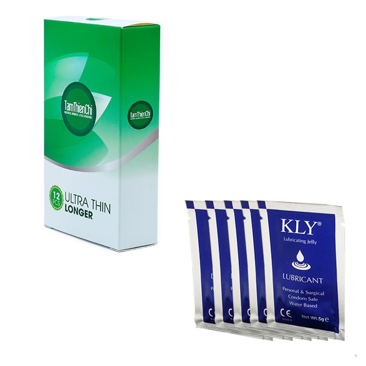 Bao cao su Tâm Thiện Chí siêu mỏng kéo dài Ultrathin Longer hộp 12 chiếc và 5 gói gel bôi trơn gốc nước KLY 5ml