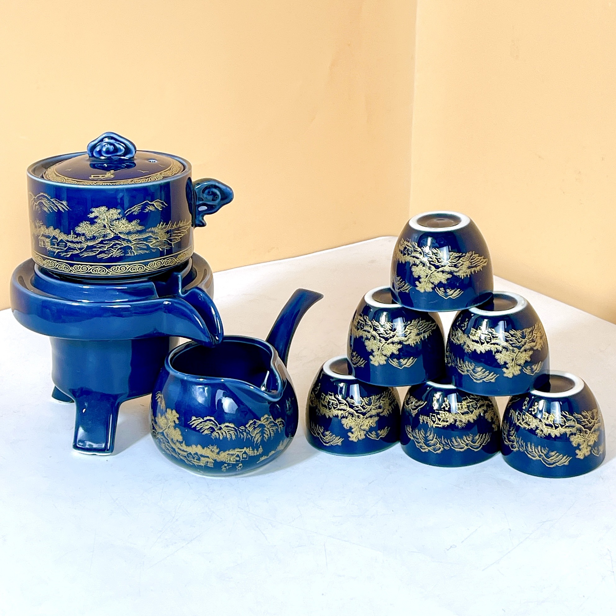 Bộ Ấm Chén Pha Trà Cối Xay màu xanh Gốm Sứ Gosu