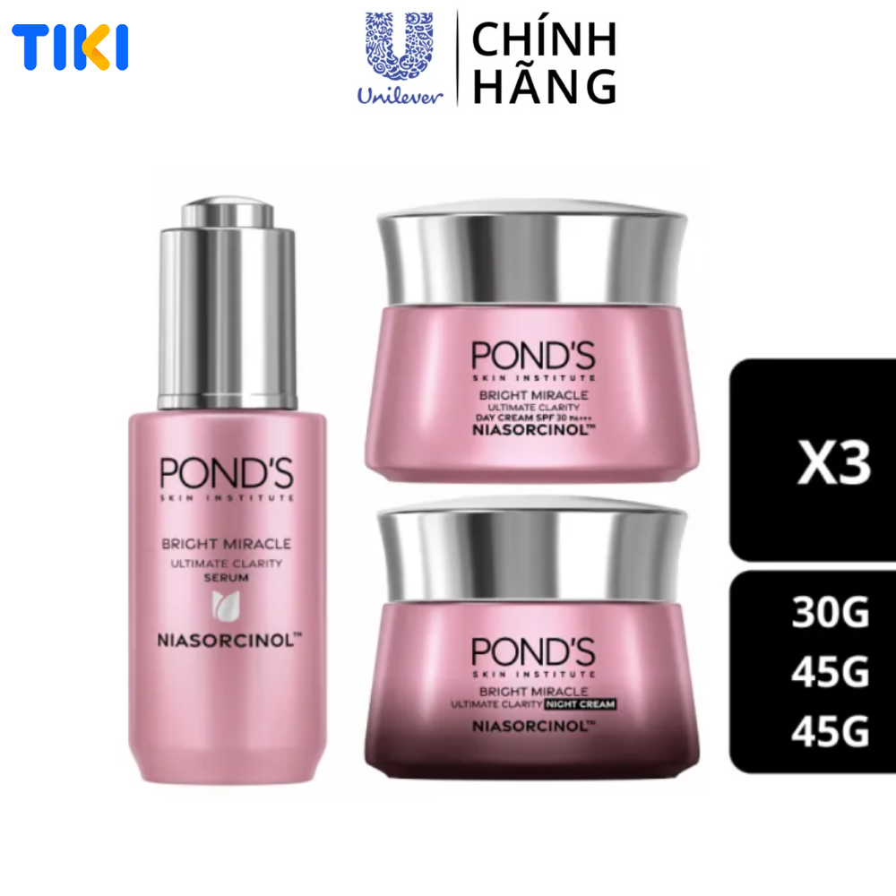 Combo Serum Dưỡng Sáng Mờ Thâm 3D Glow và Kem Dưỡng Ẩm Ngày Đêm Pond's Bright Beauty 30G &amp; 45G x2