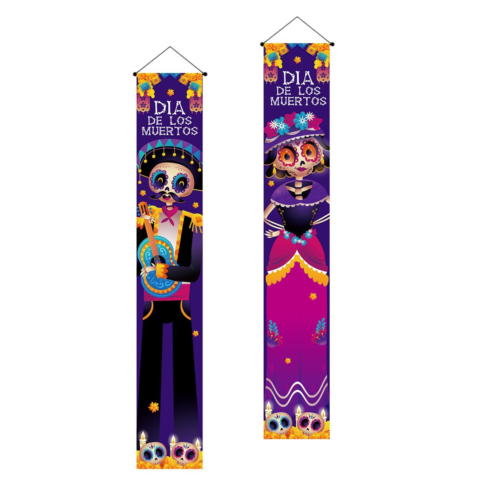 Halloween Banners Mexican Day of The Dead Flag Ornaments Holiday Hanging Banner Decorative Festival Halloween Decorations Lighted Porch Sign