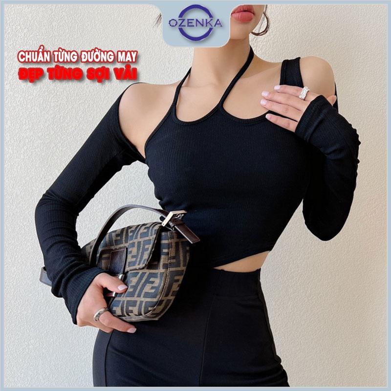 Set áo croptop tay dài hở vai áo ba lỗ nữ vạt nhọn OZENKA , áo crt ôm body gợi cảm mềm mịn thấm hút mồ hôi
