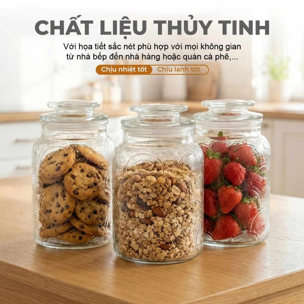 Bộ 3 Hũ Thủy Tinh Đựng Thực Phẩm Lê Bên Làng LBL1210, Nắp Kín, Hoa Văn, Dung Tích 1L, 1.3L, 1.5L
