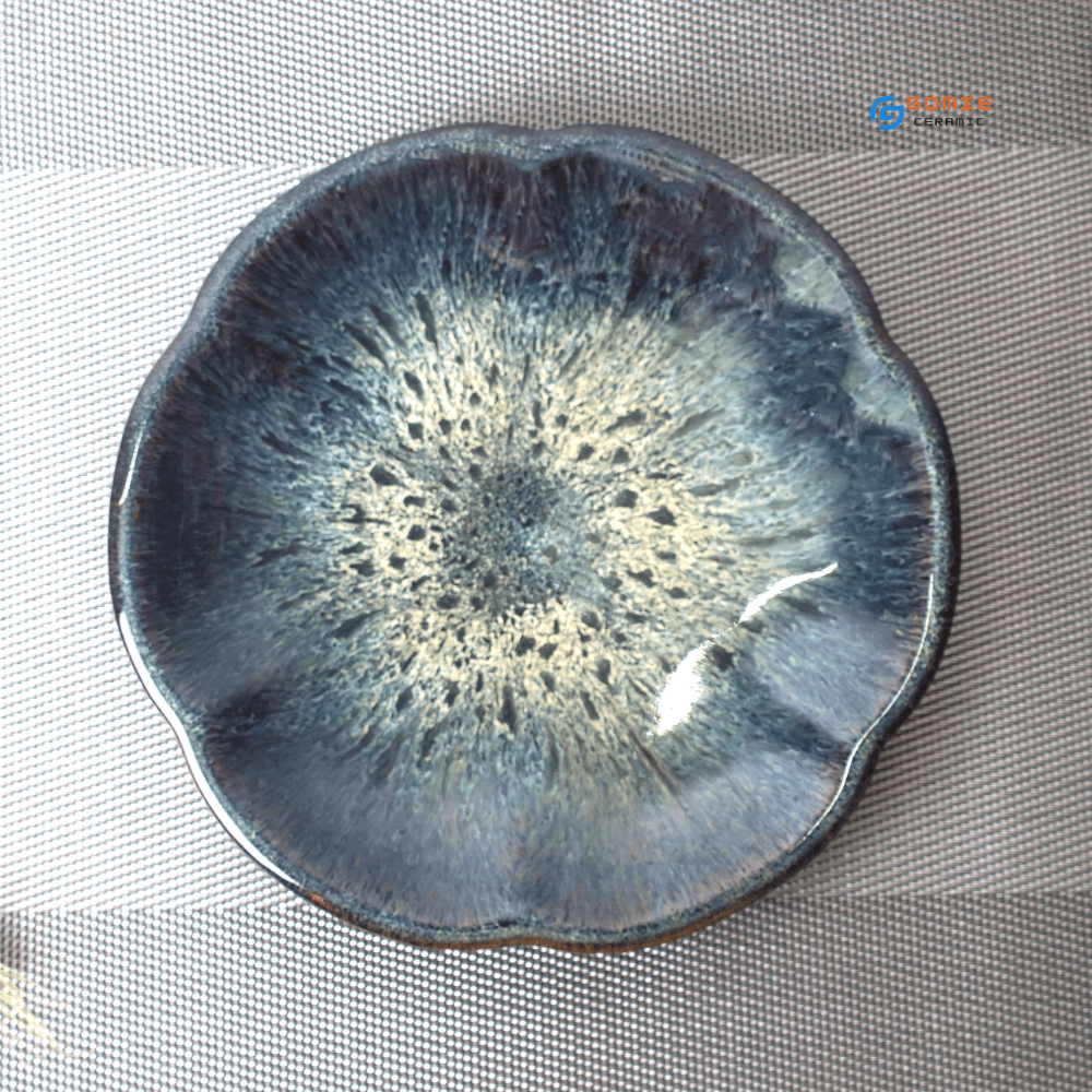 Đĩa hoa anh đào men cẩm lai Sapphire hỏa biến Gomie Ceramic Bát Tràng, men hỏa biến cao cấp, an toàn sức khỏe