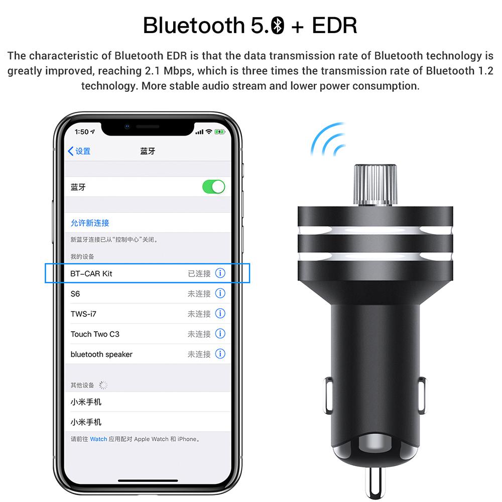 Tẩu sạc nhanh TOPK G201Q hai cổng USB, kết nối bluetooth 5.0 đài FM MP3 thẻ TF dành cho điện thoại di động - Hàng nhập khẩu