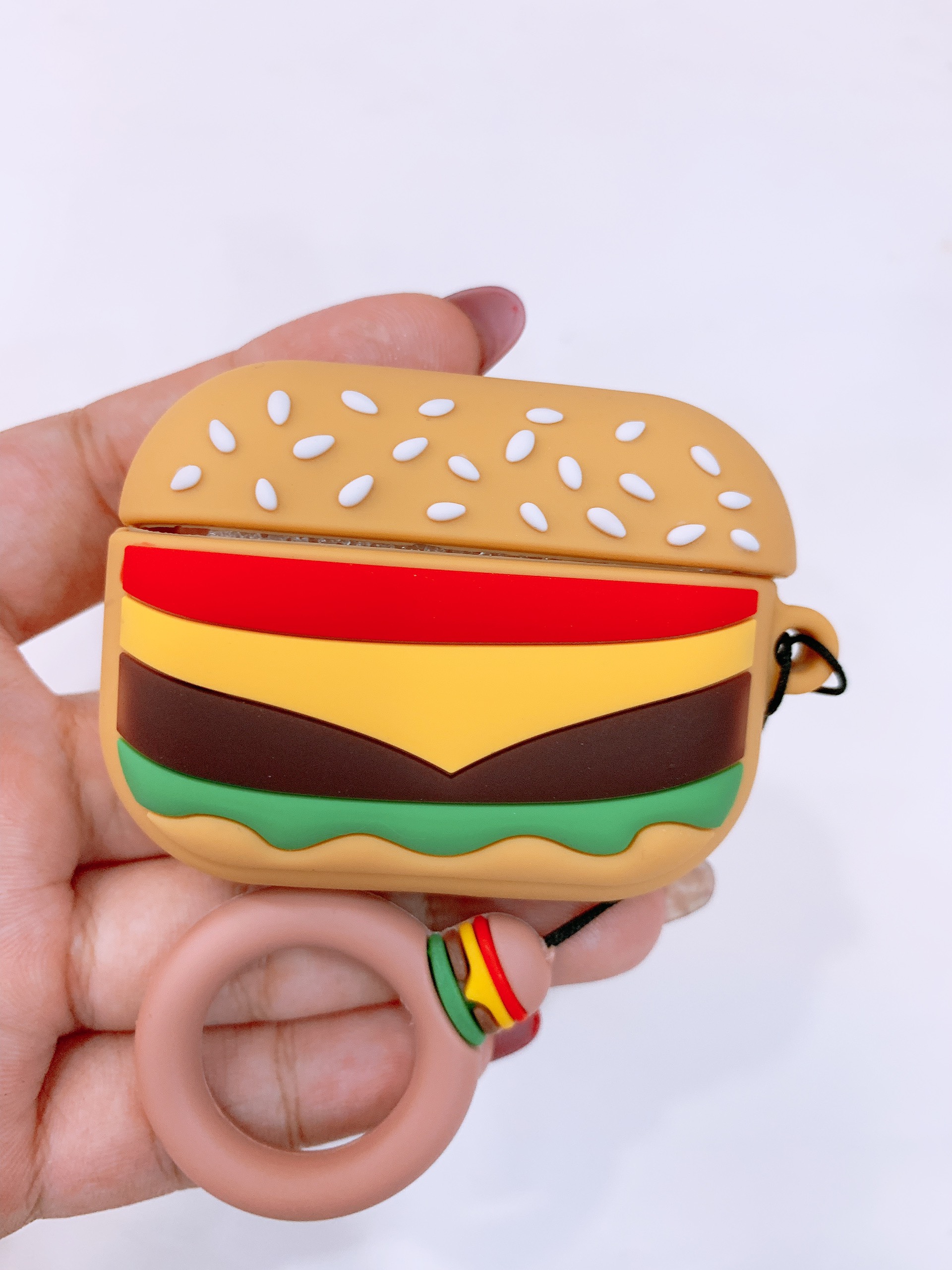 Bao Đựng Tai Nghe Dành Cho Airpods Pro hình bánh Hamburger, chất liệu Silicone mềm, có kèm theo móc treo dễ thương, thiết kế mỏng, ôm khít