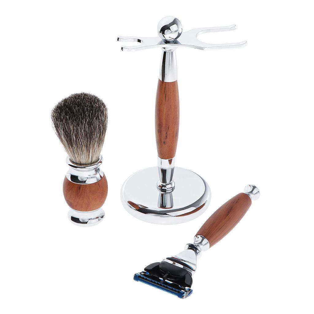 Zinc Alloy + Wood Mens Shaving Kit Gift Set W/5 Layer Blade Razors Brush & Stand Holder