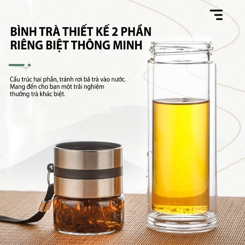 Bình Pha Trà Thuỷ Tinh 2 Lớp Cách Nhiệt Có Lõi Lọc Inox Chịu Nhiệt Cao Dung Tích 450ml Cầm Tay Tiện Lợi - HÀNG CHÍNH HÃNG MININ