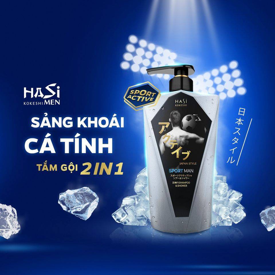 Dầu tắm gội nam 2in1 Hasi Kokeshi sảng khoái và cá tính - Sport Active Shampoo &amp; Shower