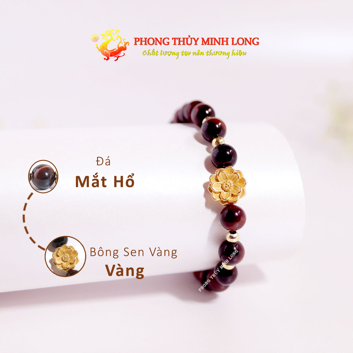 Vòng tay đá mắt hổ đỏ nâu mix bông sen vàng