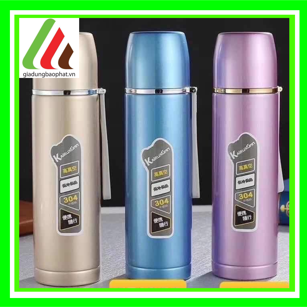 Bình giữ nhiệt Kairuxuan 500ml inox 2 lớp chân không cách nhiệt màu sắc trơn sáng sang trọng tiện lợi