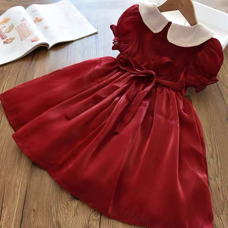Đầm tơ đỏ xòe bồng phối cổ be cho bé gái DN571