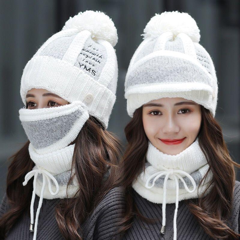 Mùa Đông Nón Nữ Mùa Đông Đan Beanies Nón Yếm Và Mặt Nạ Nữ Bảo Vệ Tai Skullies Nón Nhung Ấm Dày Đi Xe len