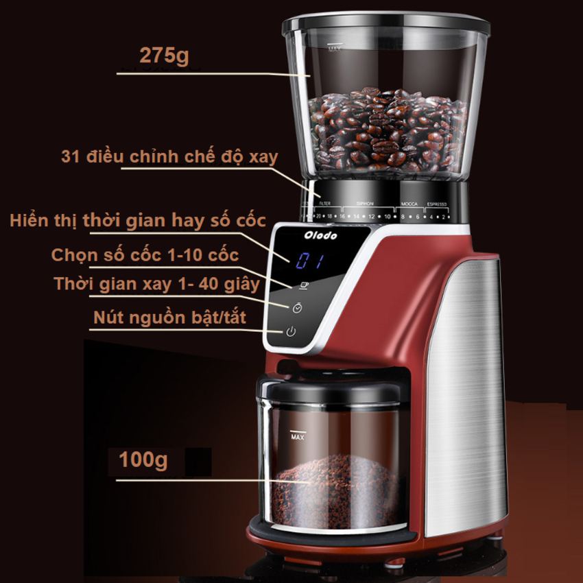 Máy xay hạt cà phê Espresso 31 chế độ Olodo cao cấp CG-001, công suất 165W