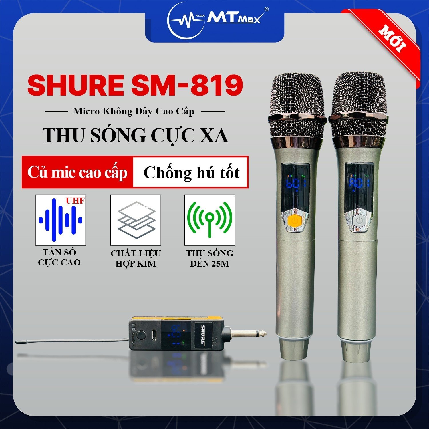 Micro Không Dây Đa Năng Shure SM-819 - Micro Karaoke Cao Cấp Tích Hợp Sạc Pin Trực Tiếp Ngay Trên Micro, Âm Thanh Mượt Mà Bắt Sóng Lên Đến 25m hàng chính hãng