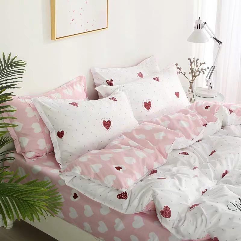 CHĂN GA GỐI POLY COTTON TIM HỒNG, SÉT CHĂN GA GỐI 5 MÓN -PP