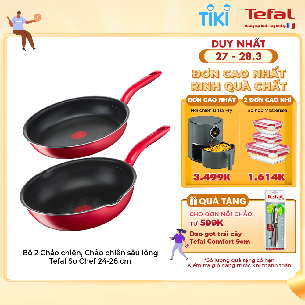 Bộ 2 chảo chống dính đáy từ Tefal So Chef dùng cho mọi loại bếp (chảo 24cm, 28cm) - Hàng chính hãng