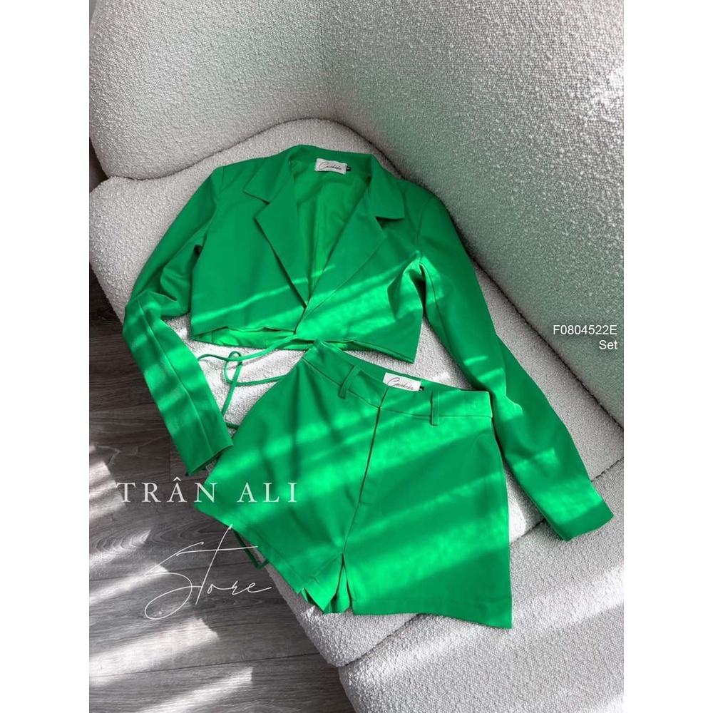 Set áo vest croptop tay dài phối quần giả váy