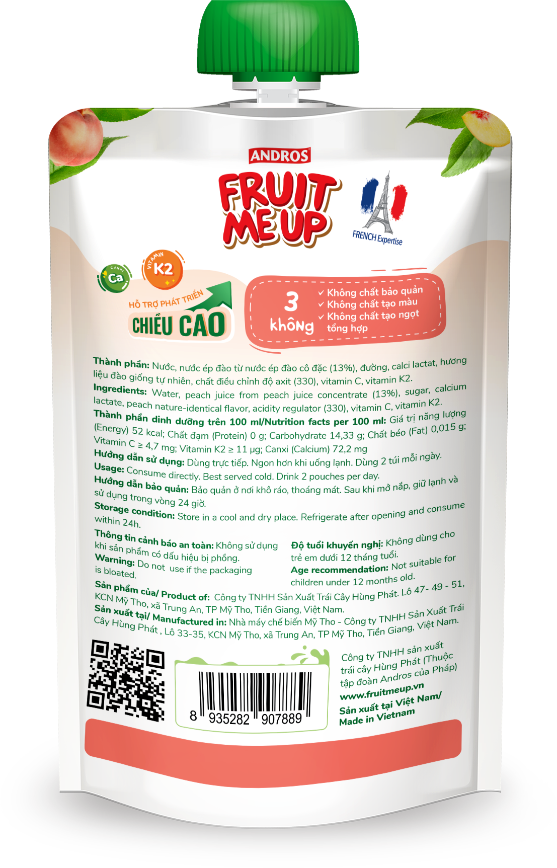 Combo 5 Túi Nước Đào Dinh Dưỡng - Hỗ Trợ Bé Tăng Chiều Cao & Đề Kháng - ANDROS FRUIT ME UP - 150ml x 5