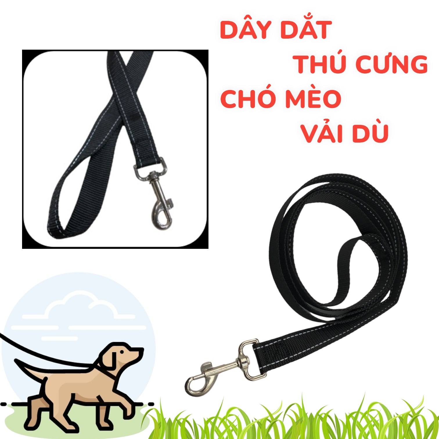 Hình ảnh Dây dắt thú cưng vải dù, dây dắt chó mèo. dài 1m, vải dù chắc chắn, có đầu dây cầm tiện lợi, móc khóa inox