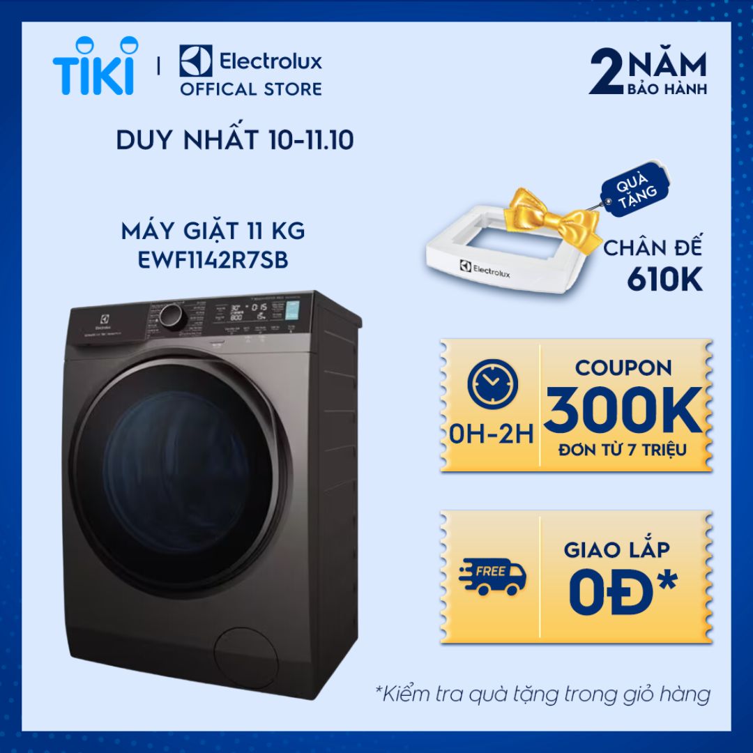 Máy giặt cửa trước Electrolux 11kg EWF1142R7SB - Giặt sạch 49 loại vết bẩn, diệt khuẩn 99.9% bằng hơi nước, kết nối Wifi, tư vấn chăm sóc quần áo