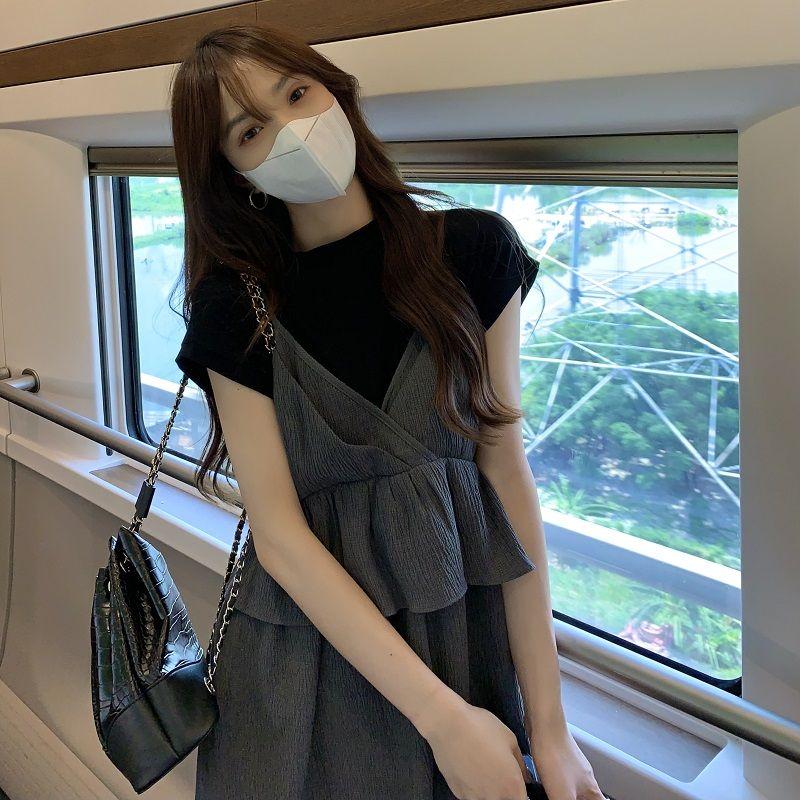 TOBE1SHOP Một nửa chiều cao cổ áo mỏng phù hợp với phụ nữ mùa hè cao eo lá sen ren váy hai mảnh đặt váy