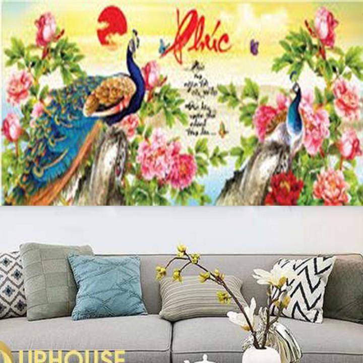 Tranh thêu công mẫu đơn chữ phúc LV3184 - kích thước: 90 * 43cm.