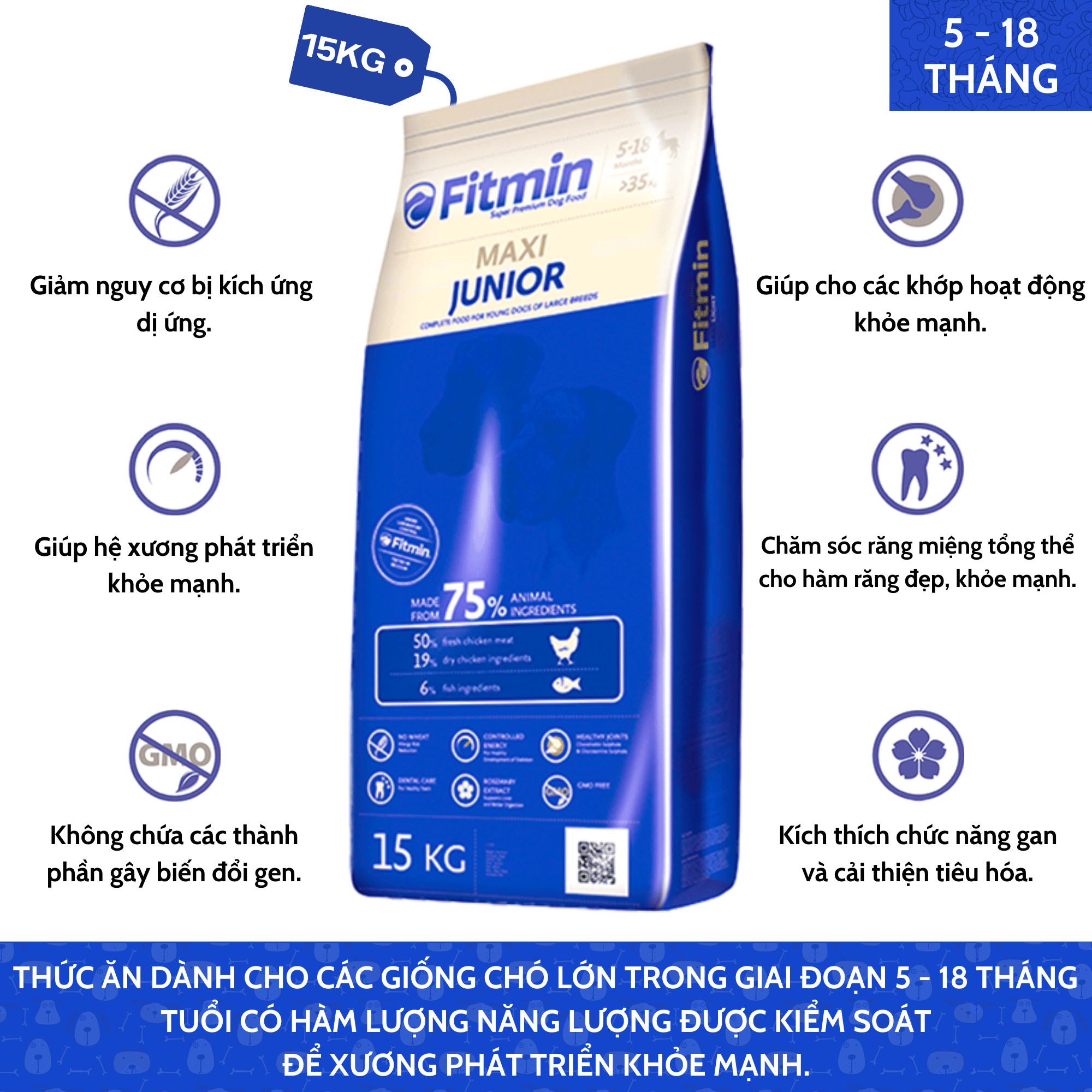 Thức Ăn Dành Cho Chó Trong Thời Kì 5 - 18 Tháng Có Hàm Lượng Năng Lượng Được Kiểm Soát Để Xương Phát Triển Khỏe Mạnh Thuộc Giống Chó Lớn Fitmin Dog Maxi Junior 15KG - TẶNG 1 Lon Pate Tươi Hello Dog Chicken Pate 850G