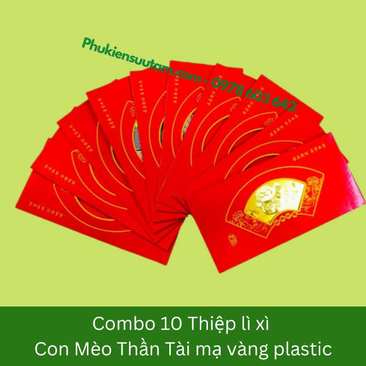 Combo 10 Thiệp Lì Xì Con Mèo Thần Tài Mạ Vàng Plastic, kích thước: 20cmx10cm, màu đỏ - SP005909