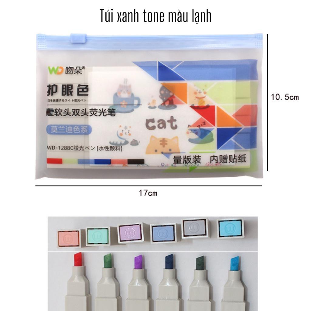 Túi 6 bút dạ hai đầu Morandi xinh xắn - bút đánh dấu highlight nhiều màu LIGHTCOLOR tặng kèm sticker ST485