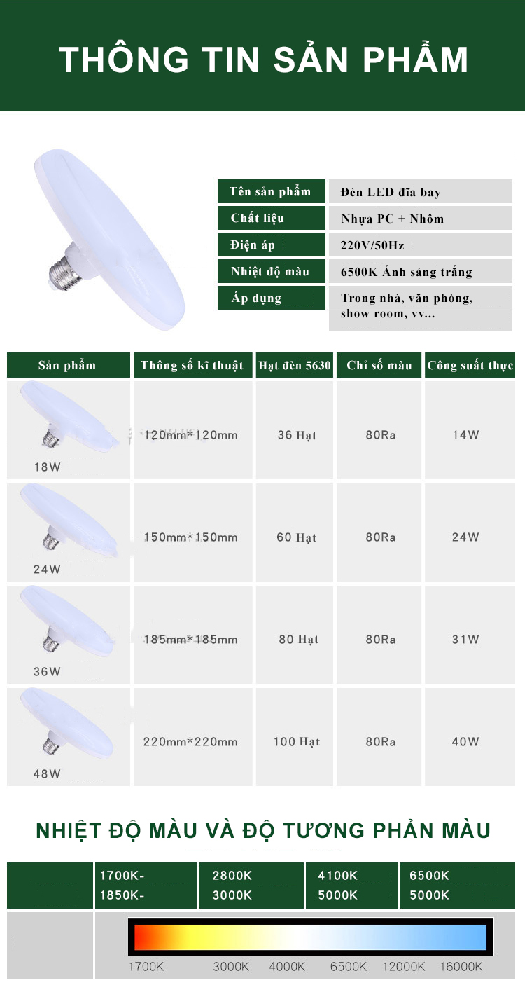 Đèn Led đĩa bay đui xoáy ánh sáng trắng ( 18W - 24W - 36W - 50W ) cao cấp - Huy Tưởng