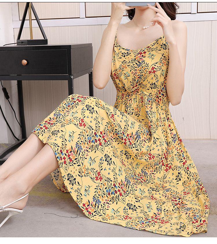 DONGSHOP Mùa hè 2023 Hàn Quốc phiên bản có thể điều chỉnh treo vest đầm mỏng mỏng trung bình dài hoa bãi biển váy