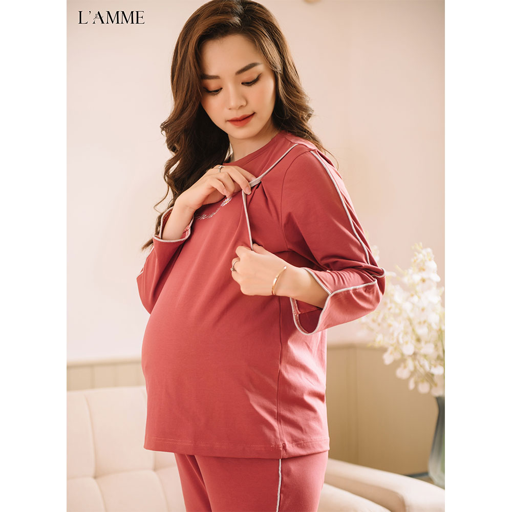 Bộ bầu sau sinh (B05) chất cotton thấm hút mồ hôi tốt, có chỗ cho em bé tuti, quần có chun điều chỉnh - thiết kế bởi LAMME