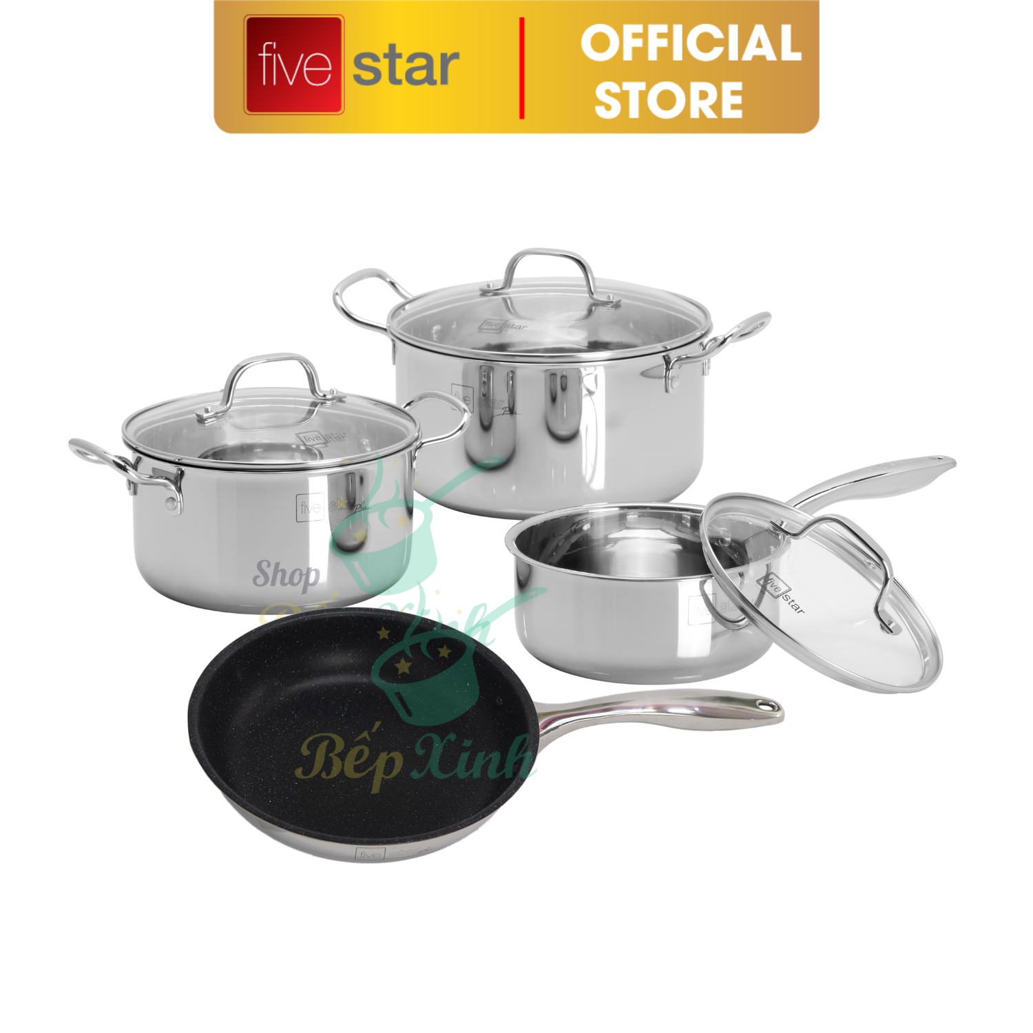 Bộ nồi chảo chống dính vân đá đáy từ 3 lớp đáy liền khối Fivestar Plus FPB3002 nắp kính size 16, 20, 24cm và chảo 24cm , tặng 1 vá canh