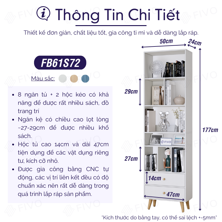 Giá Sách Đa Tầng Gỗ MDF FIVO FB61 (50 x 24 x 177cm) Dễ Dàng Lắp Ráp (Có Hộc Kéo)- Hàng Chính Hãng