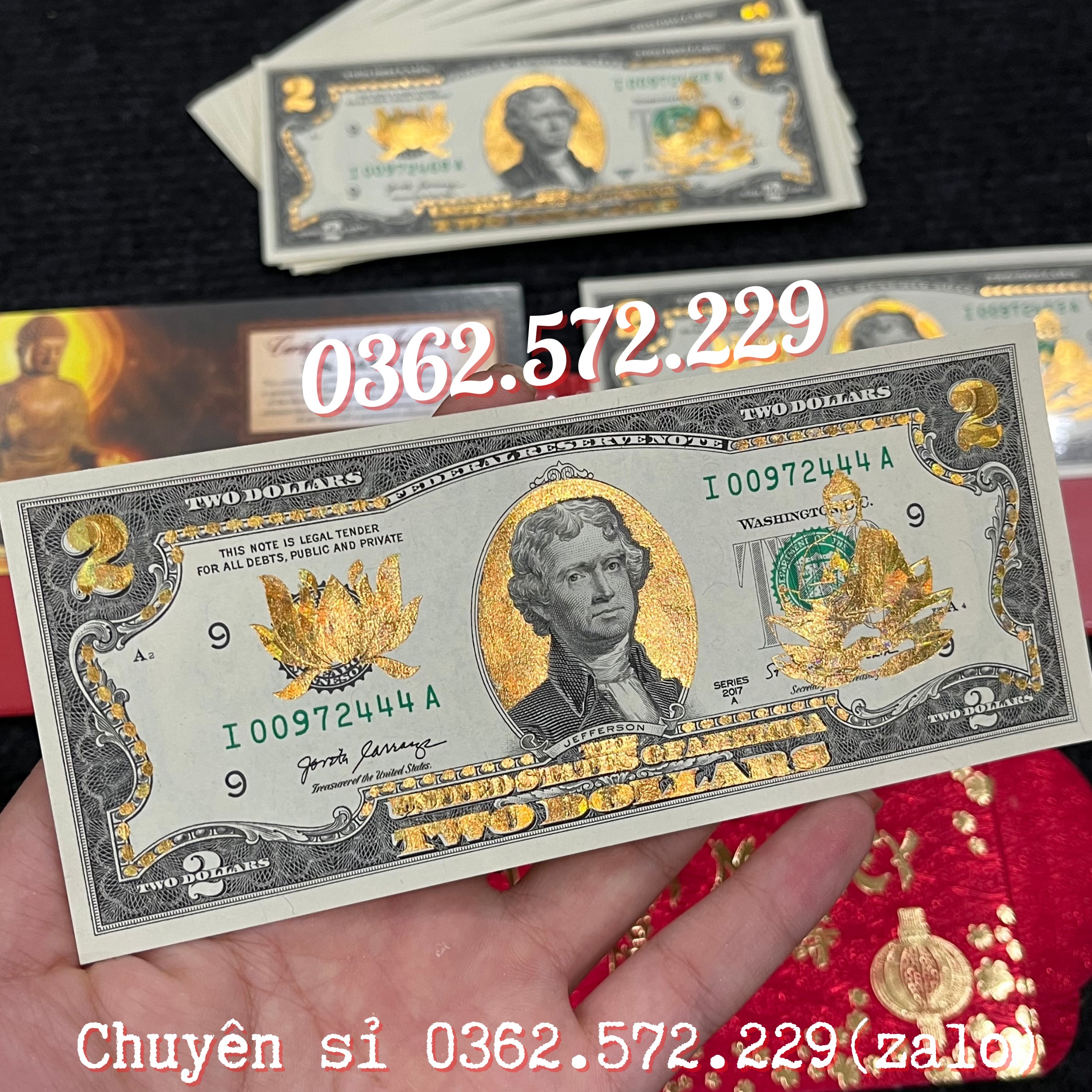 Tờ 2 Đô, 2 USD Mạ Vàng In Hình Phật Tổ Như Lai may mắn lì xì Tết, làm quà tặng Sưu Tầm, Trang Trí