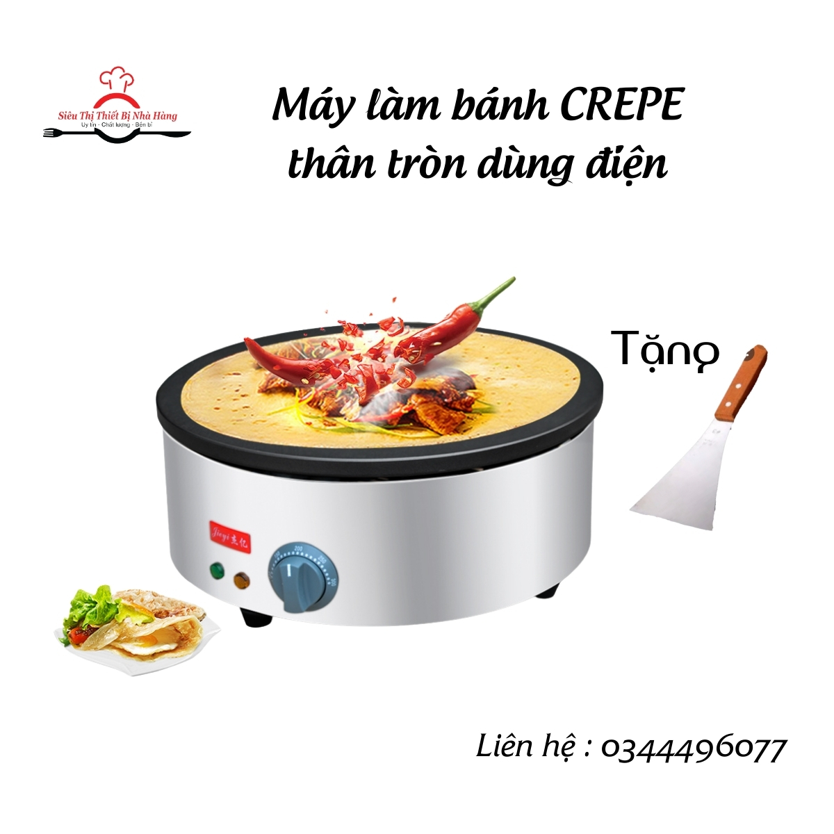 [Dùng điện] TẶNG XẺNG LẬT BÁNH - Máy làm bánh CREP đơn tròn dùng điện, mặt chống dính cao cấp