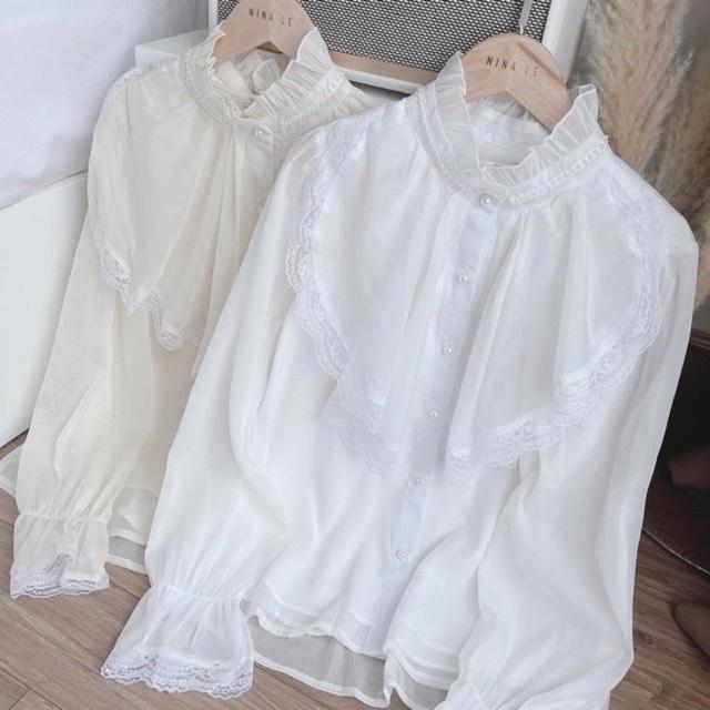 Áo sơ mi kiểu nữ cổ bèo phối ren 2 lớp bánh bèo sang chảnh