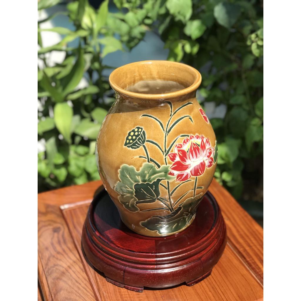 Bình Hoa Sen Ốm Da Lươn Gốm Sứ Nam Bộ,Trang Trí Decor,Cấm Hoa,Lọ Hoa,Gốm Thủ Công Vẽ Tay