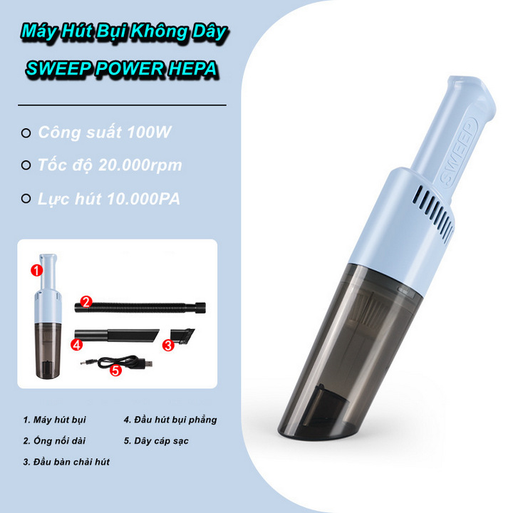 Máy Hút Bụi Cầm Tay Không Dây Nạp Sạc SWEEP POWER HEPA Pin 2000mAh, Công suất 100W - Home Decor Furniture