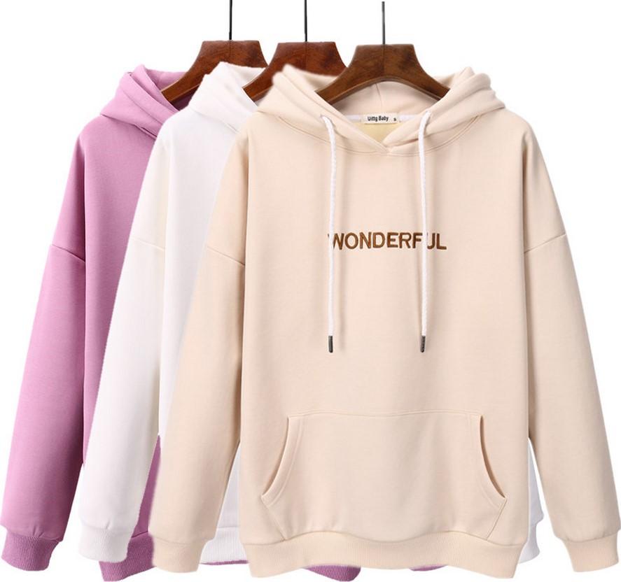 Áo Khoác Hoodie Form Rộng Tay Dài In WONDERFUL Đơn Giản Mũ Trùm Đầu Phong Cách Hàn Quốc