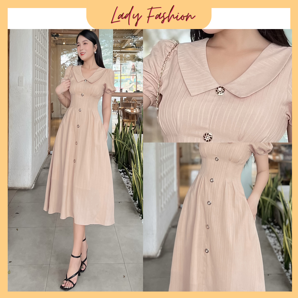 Đầm cổ sen phối nút cách điệu D088 - Khánh Linh Style - Ladyfashion
