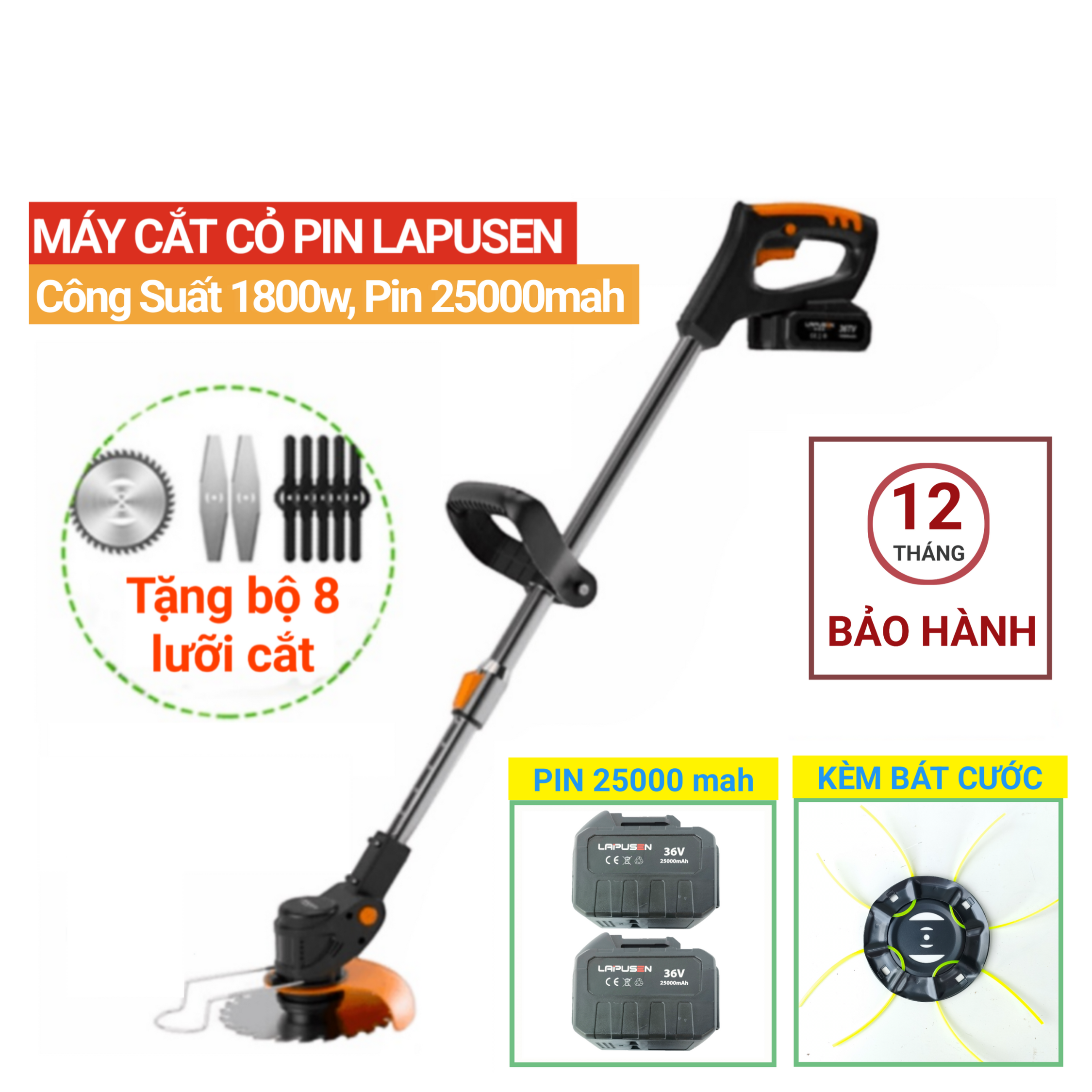 Máy Cắt Cỏ Pin LAPUSEN 1800w, Pin Khủng 25000mah , Bảo Hành 12 Tháng
