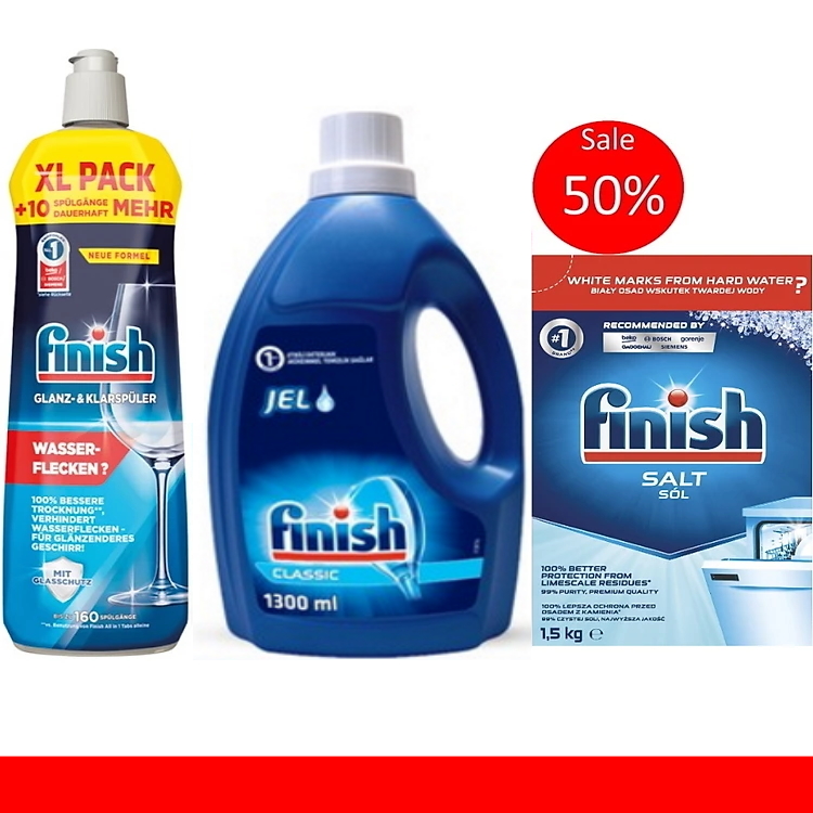 Combo Nước rửa bát Finish 1.3L + Muối rửa bát Finish 1.5kg + Nước làm bóng bát Finish 800ml dúng cho máy rửa bát