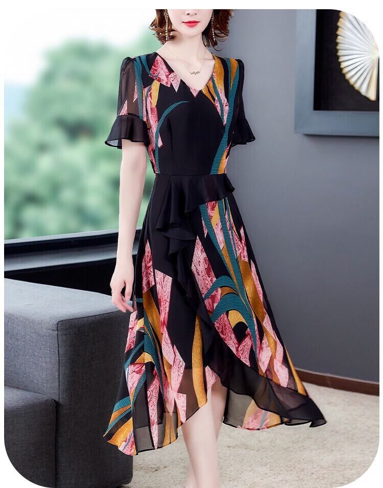 Đầm Xoè Phối Màu Xẻ Tà Sang Trọng
