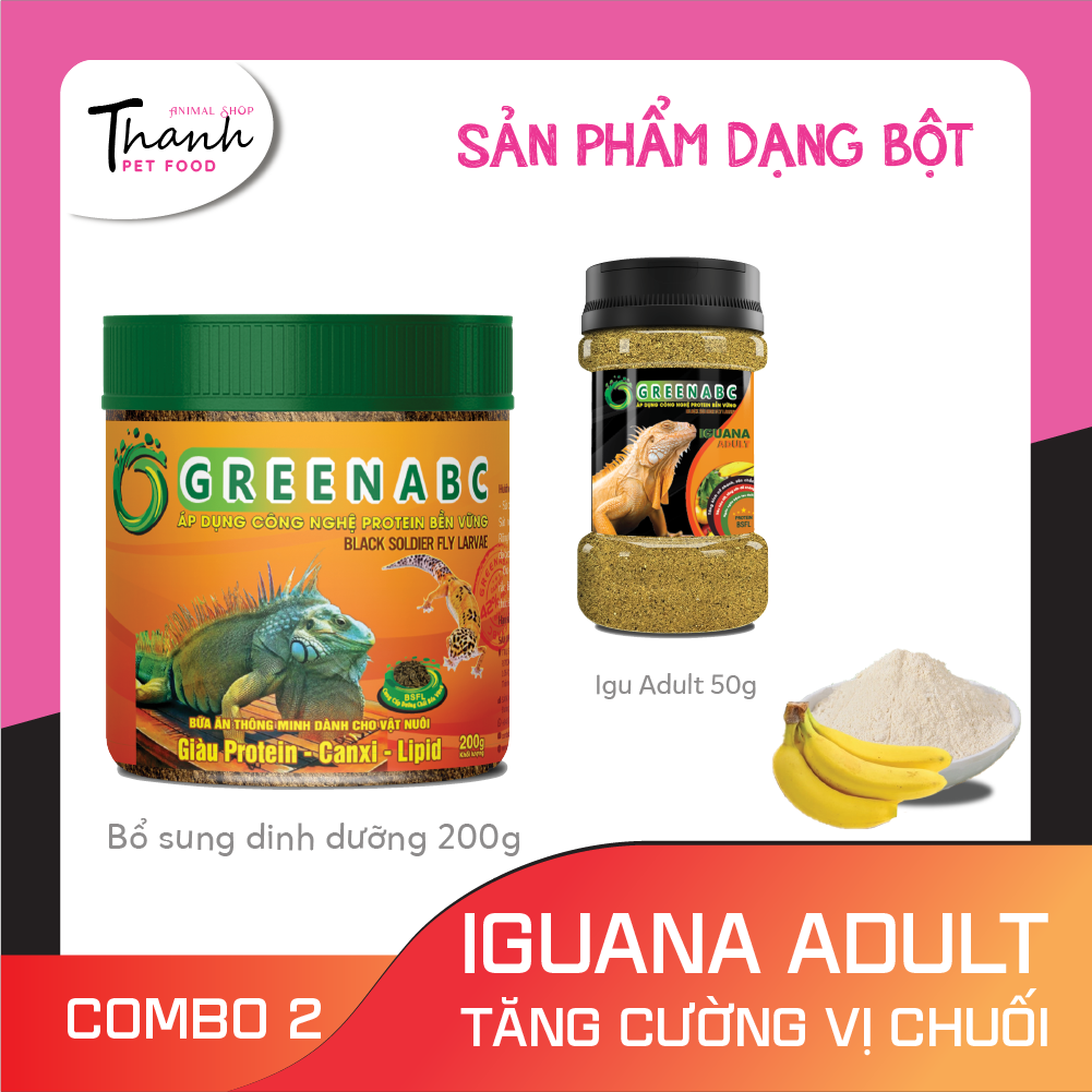 Thức ăn bò sát Iguana Trưởng Thành nhãn GREENABC vị chuối dùng cho Iguana từ 1m trở lên – Gai bung, gù cao, dáng đẹp, lên màu tươi - Hộp 230g